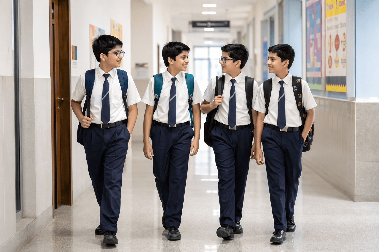 Students walking through a campus corridor